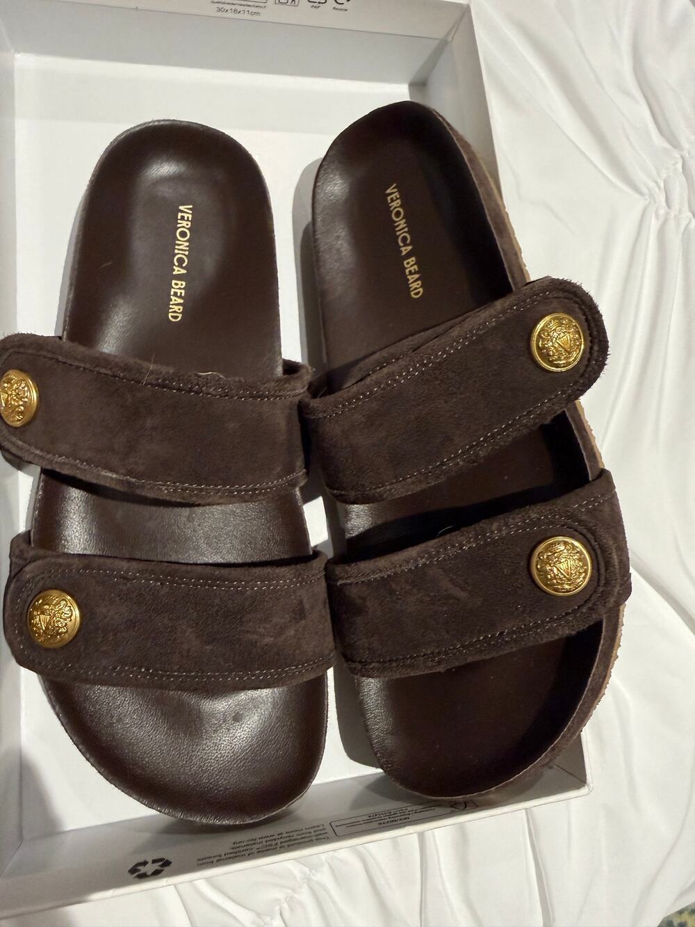 Veronica Beard Percey Slide Sandals Espresso Suede Gold Buttons 8